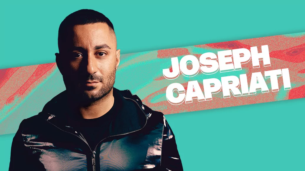 Photo of Joseph Capriati on a turquoise background with red accents