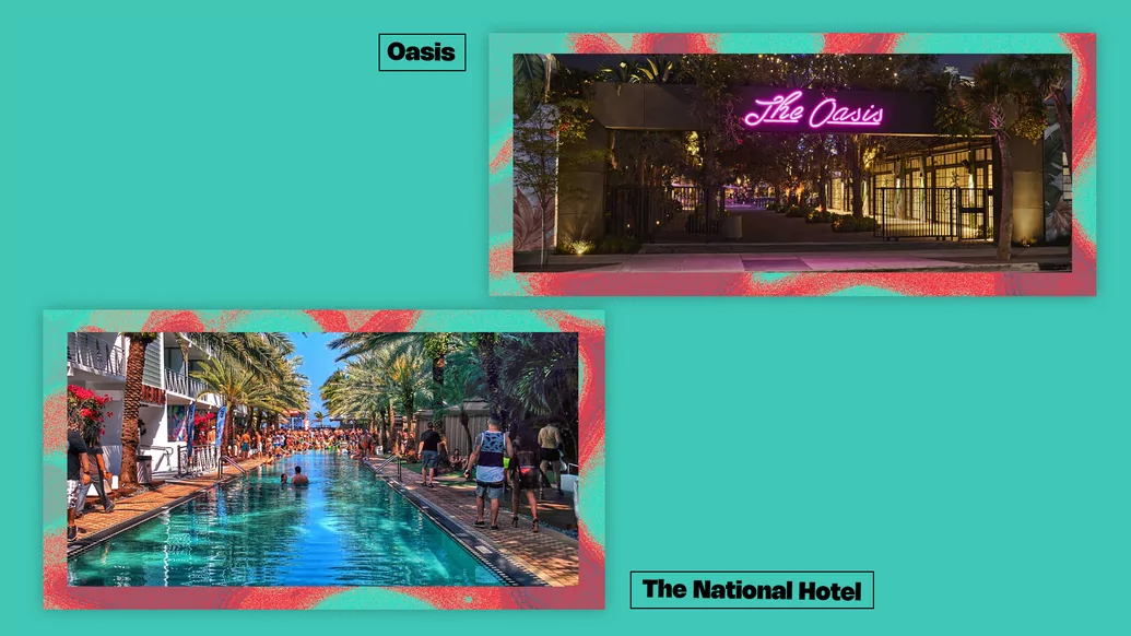 Turquoise graphic featuring photos of Oasis and the National Hotel