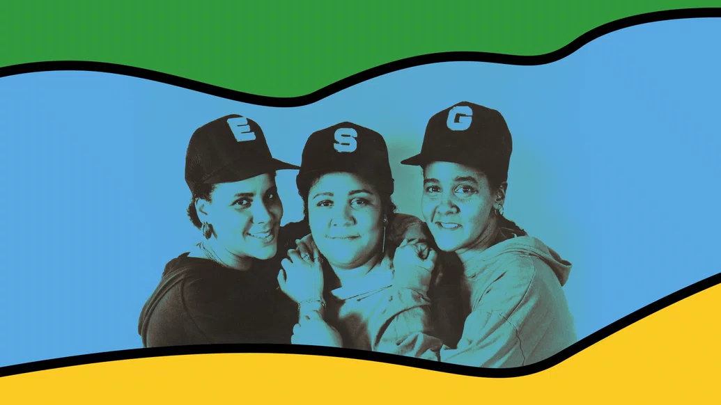 Photo of ESG wearing baseball caps embossed with the letters of the band name, all on a background in a style of their album art