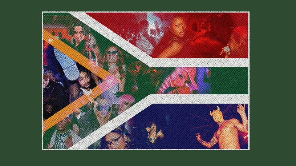 Illustrated collage of the South African flag with various DJs and producers on a green background