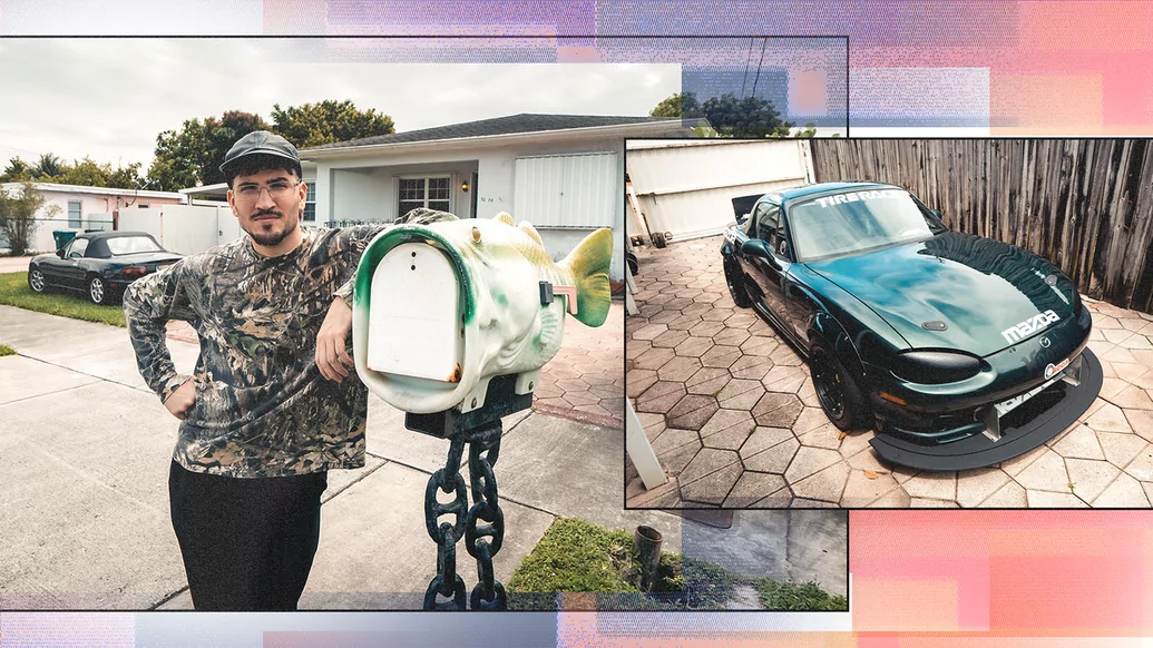 Danny Daze leaning against his seabass mailbox, and another picture of his car