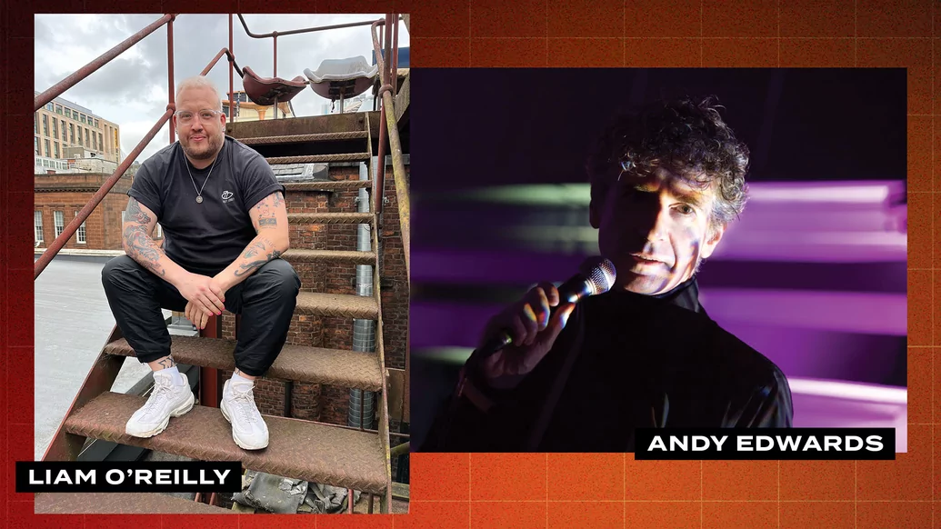Two pictures side by side on an orange background. On the left is Liam O'Reilly sat on a set of fire exit stairs, on the right is Andy Edwards speaking into a microphone