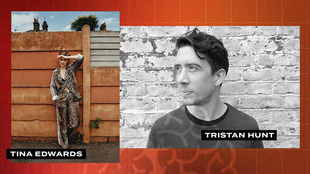 Two pictures side by side on an orange background. On the left is DJ Tina Edwards stood in front of a fence, on the right is Tristan Hunt in black & white against a wall