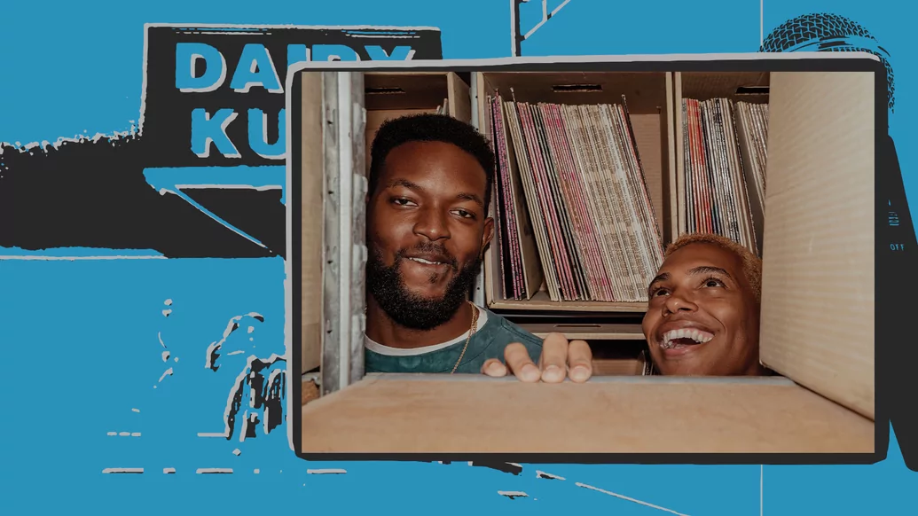 An image of Andre Gainey and Vonne Parks poking their heads through a record shelf in front of a row of vinyl. It's on a blue backdrop with an illustration of  the Dairy Kurl Ice cream store