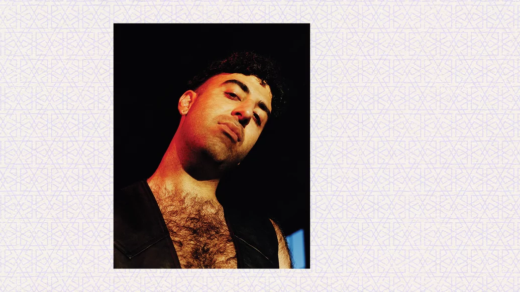 Photo of Sepehr wearing an unbuttoned black top placed on a cream collage background
