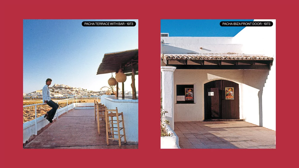 Left: Photo of the Pacha terrace and in 1973 in the sun, a woman sits on the wall | Right: Pacha's front door in 1973 