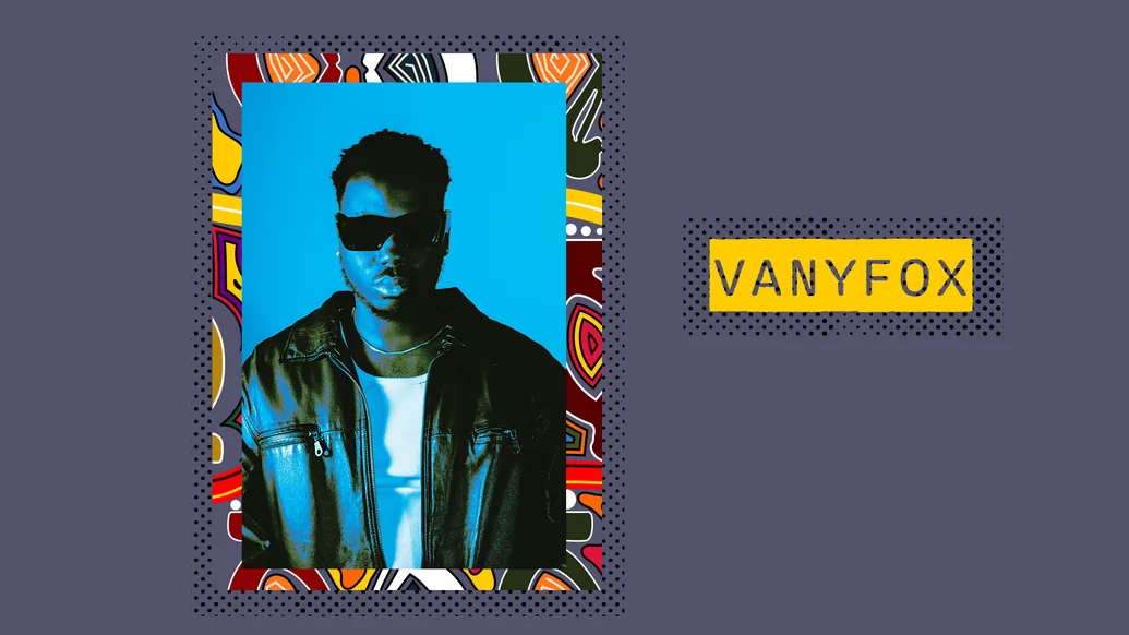 Purple collage featuring an image of VANYFOX wearing black sunglasses and his name in yellow block font