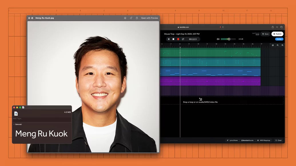 Photo of Meng-Ru-Kuok on a desktop and some old DAW graphics with an orange background