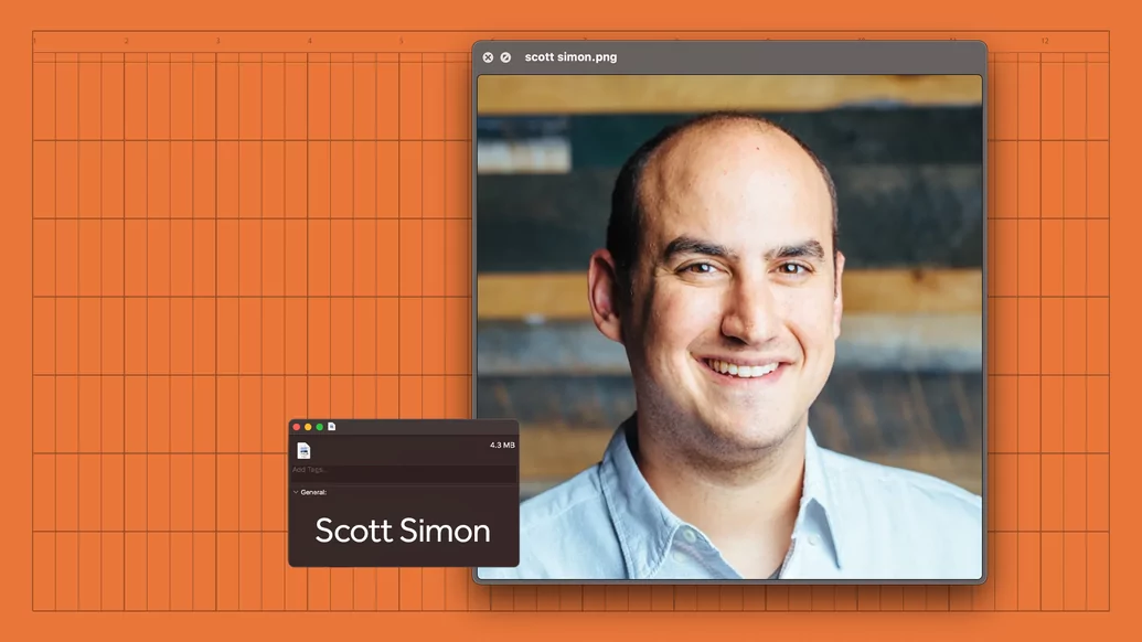 Photo of Scott Simon on a desktop and some old DAW graphics with an orange background