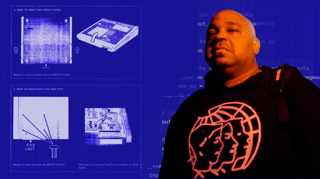 Blue graphic featuring sketches of computerised technology and an image DJ Khalil with red lighting on his face