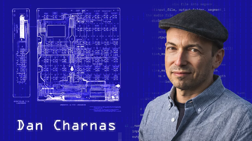 Blue graphic featuring sketches of computerised technology and an image of Dan Charnas wearing a hat and grey shirt 