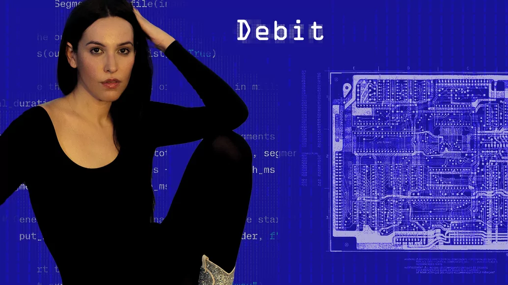 Blue graphic featuring sketches of computerised technology and DJ Debit wearing a black shirt