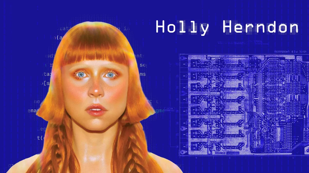 Blue graphic featuring sketches of computerised technology and an image of artist Holly Herndon 