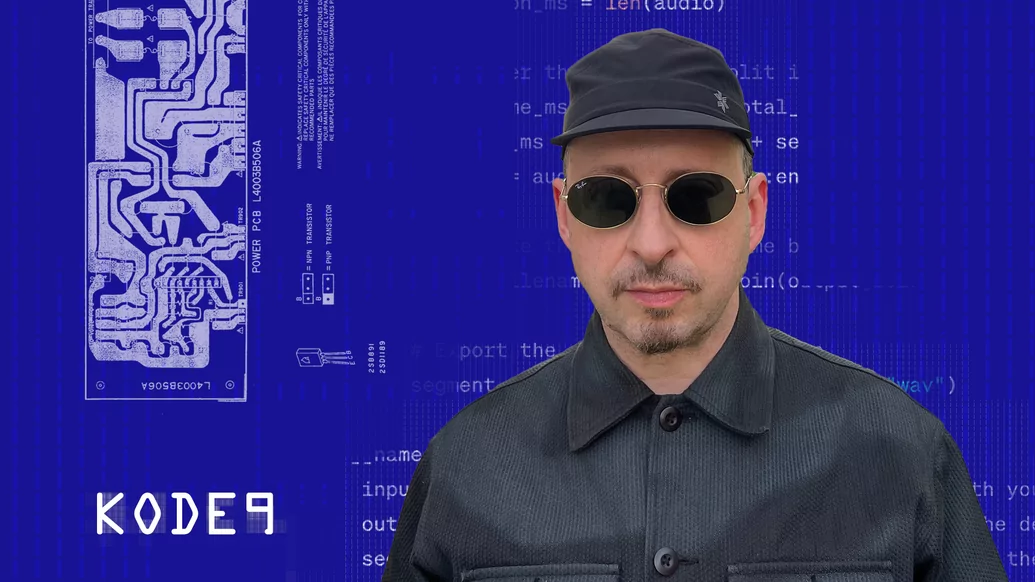 Blue computerised graphic featuring a man wearing sunglasses and a black cap