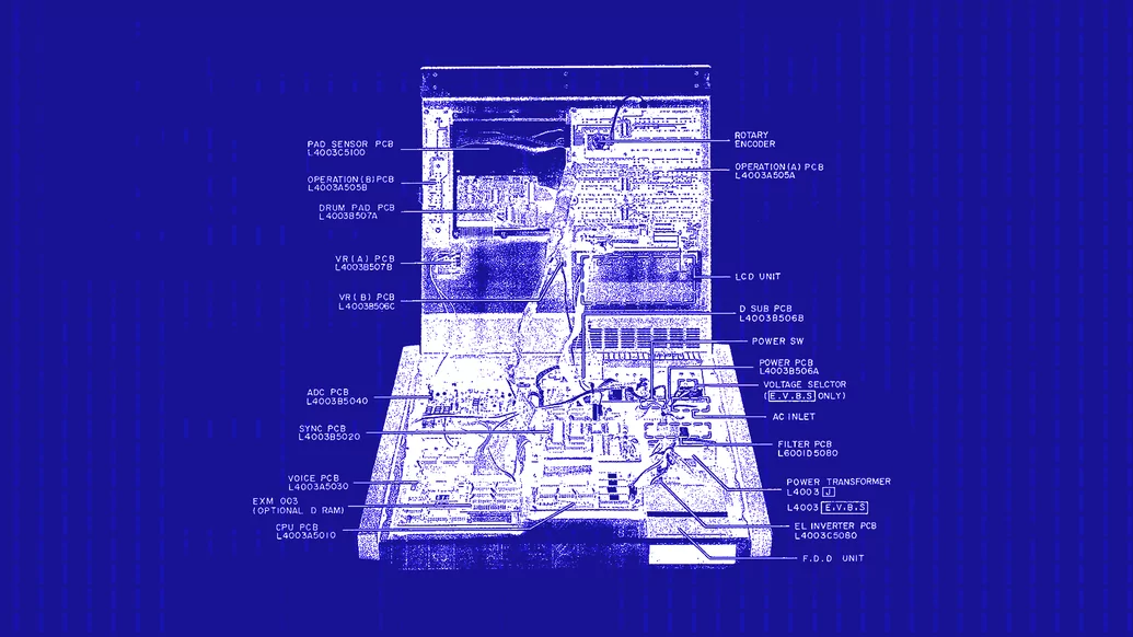 Blue graphic featuring sketches of computerised technology