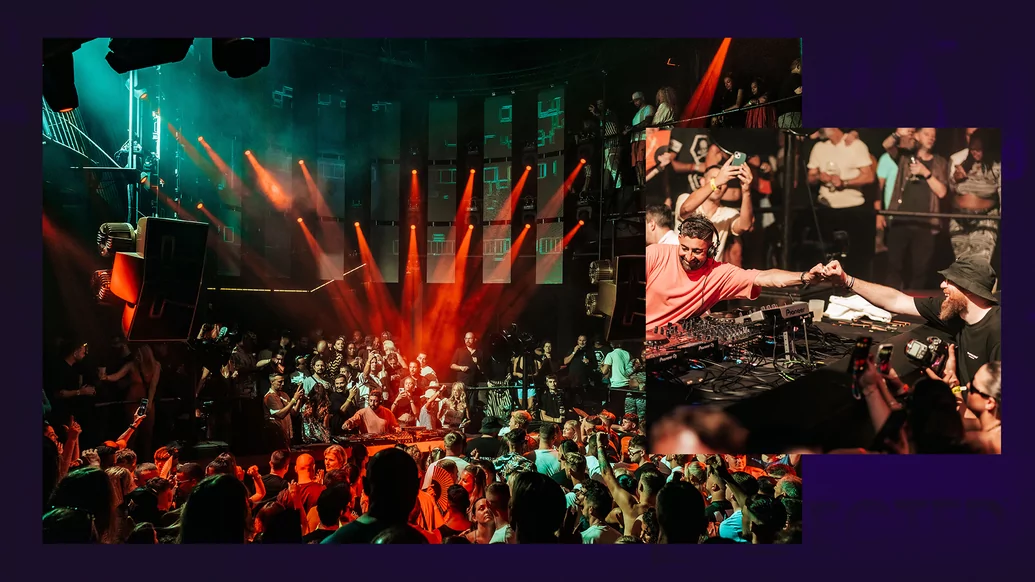 Photo of DJ Darius Syrossian fist-bumping a fan and a photo of the crowd at Defected’s Eden Ibiza closing party on a purple background 