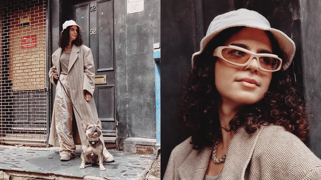 Two photos of Carlita wearing a pink bucket hat and glasses with a beige outfit and a small dog