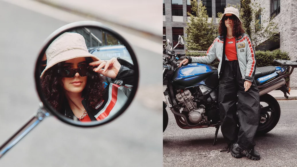 Photo of Carlita in a wing mirror of a motorbike wearing a pink bucket hat, and another of her posing next to the bike