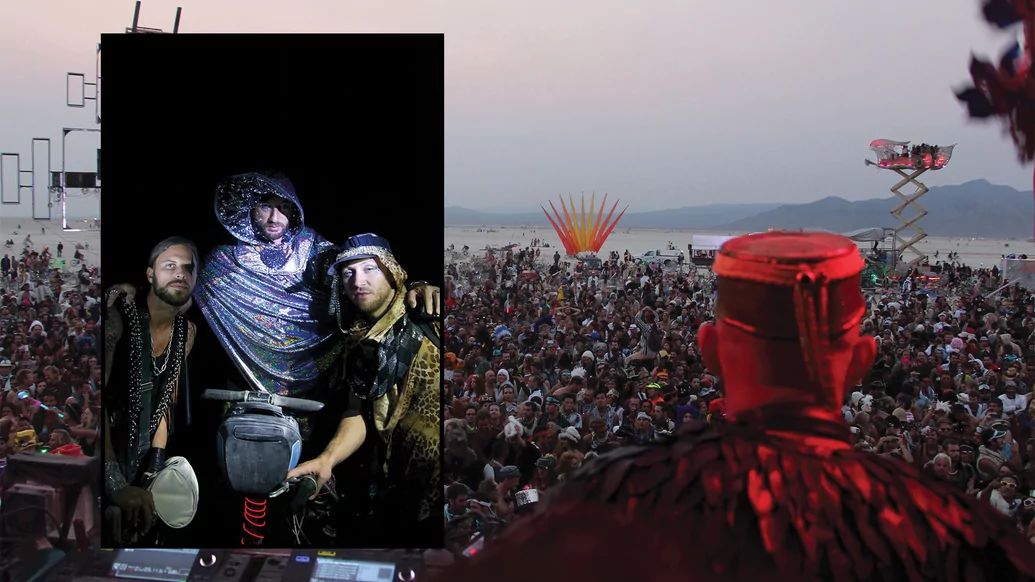 Photo of Damian Lazarus performing at Burning Man festival, and pictured alongside two people in colourful outfits