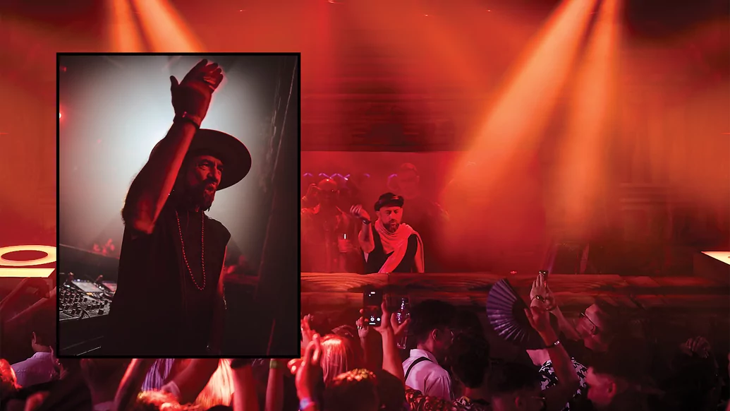 Two images of Damian Lazarus performing live while wearing a large hat