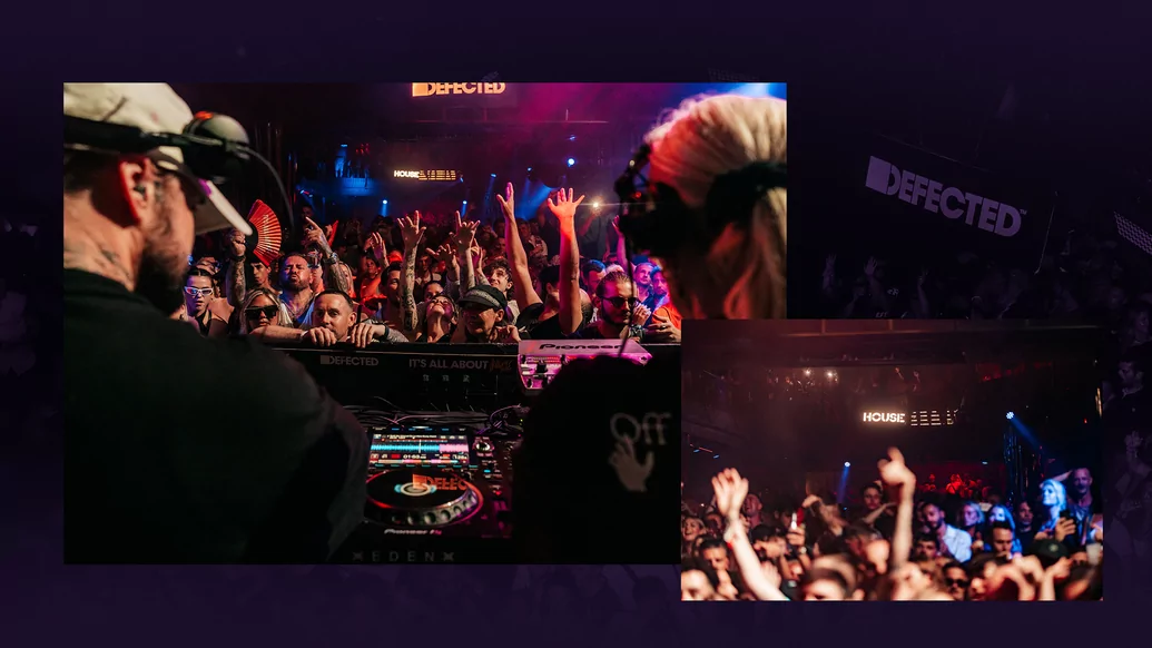 Photo of DJs Sam Divine and Low Steppa mixing while looking out at the crowd, alongside a photo of the crowd dancing, at Defected’s Eden Ibiza closing party on a purple background