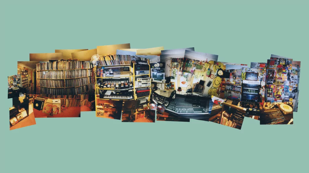 Collage of photos of Fatboy Slim's studio in the '90s on a teal background