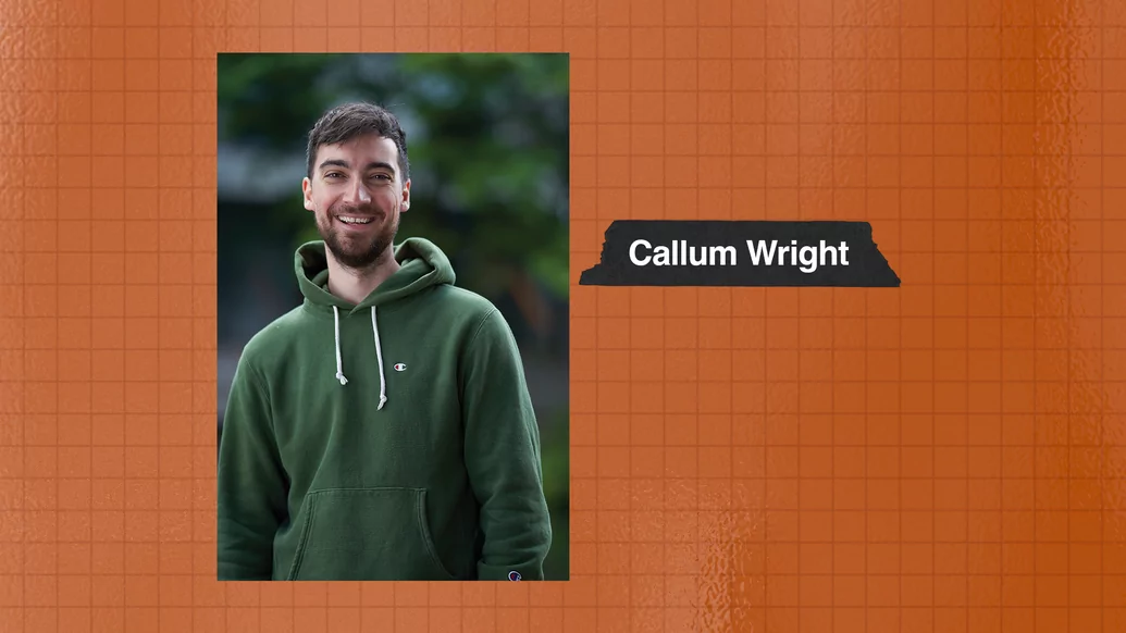 Photo of Callum Wright, The Halley’s Partnerships and Project Manager, wearing a green parka on an orange background