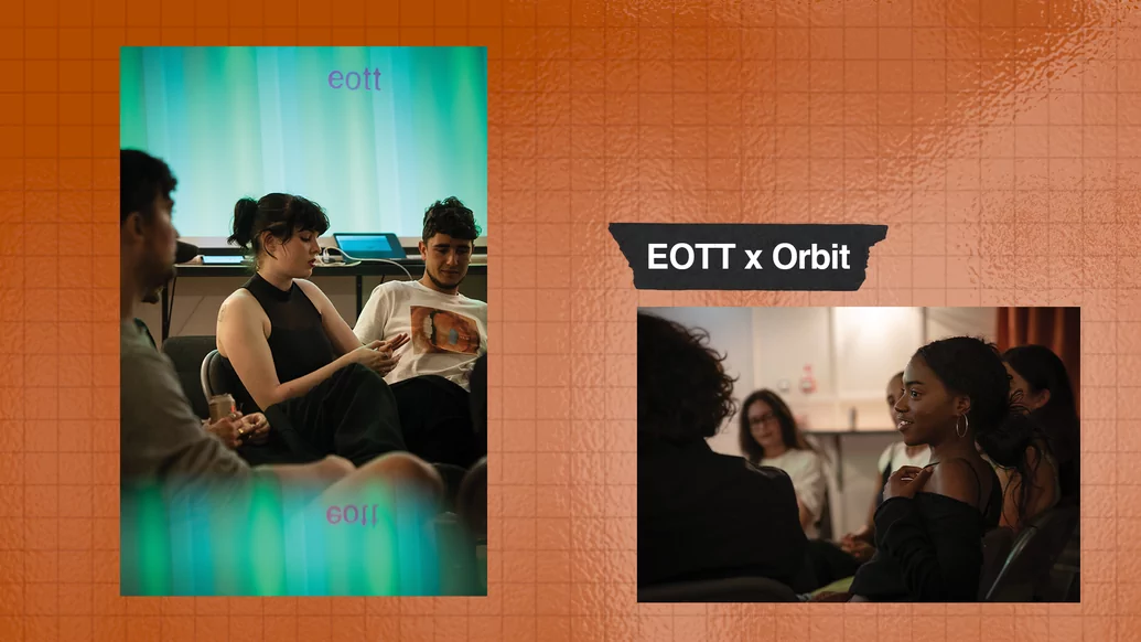 Photos of creatives engaging in sessions run by eott in association with Orbit, on an orange background