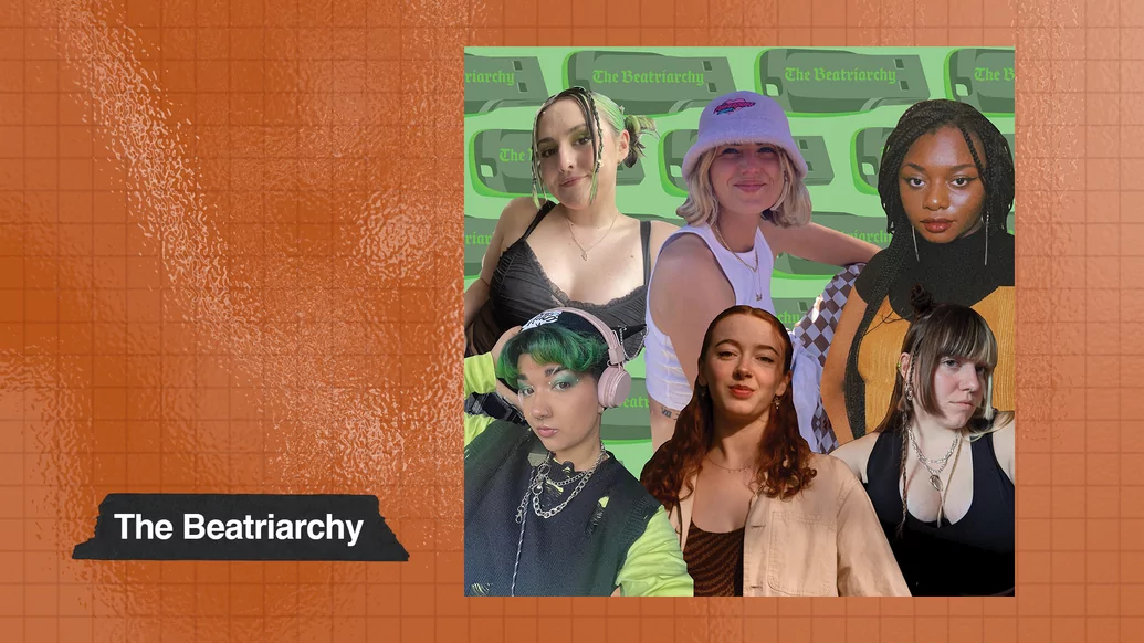 Photo of the members of The Beatriarchy on an orange background