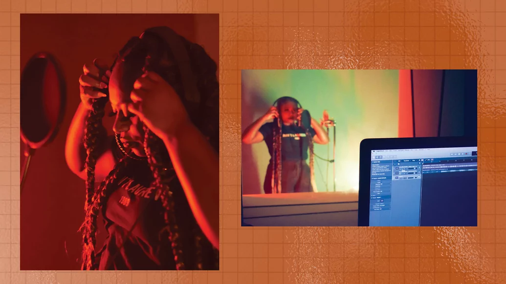Two photos of an artist making music in the studio on an orange collage background