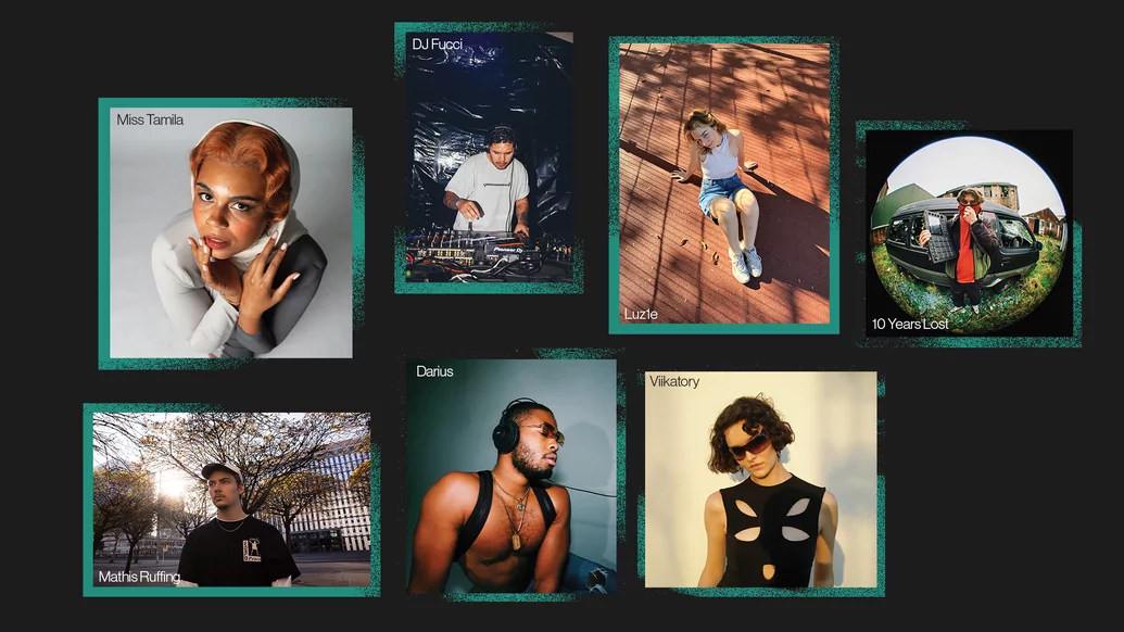 A selection of press shots of artists featured on International Chrome on a dark grey background