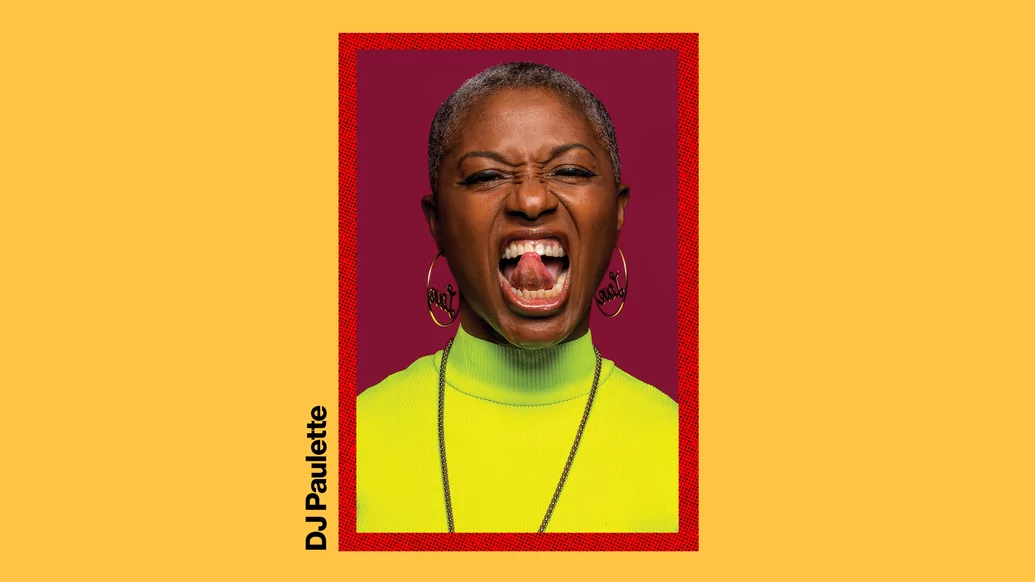 Photo of DJ Paulette wearing a neon yellow top on a yellow and red background with her name printed in black