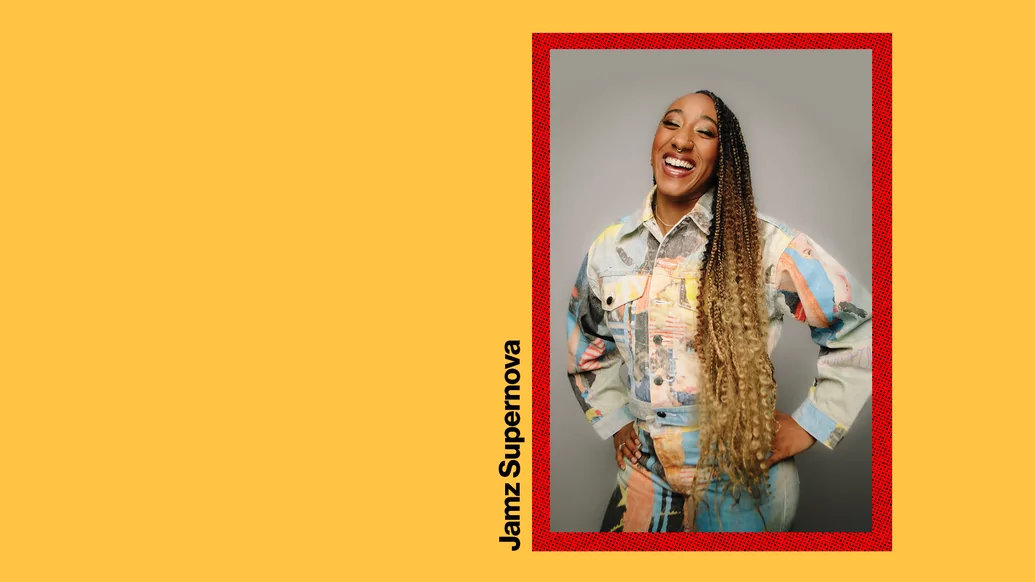 Photo of Jamz Supernova on a yellow background with a red border and her name printed in black