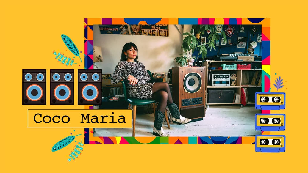 Photo of Coco Maria in a studio next to a soundsystem on a yellow background