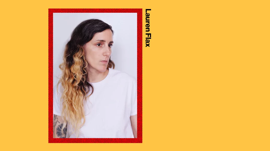 Photo of Lauren Flax on a yellow background with a red border and her name printed in black