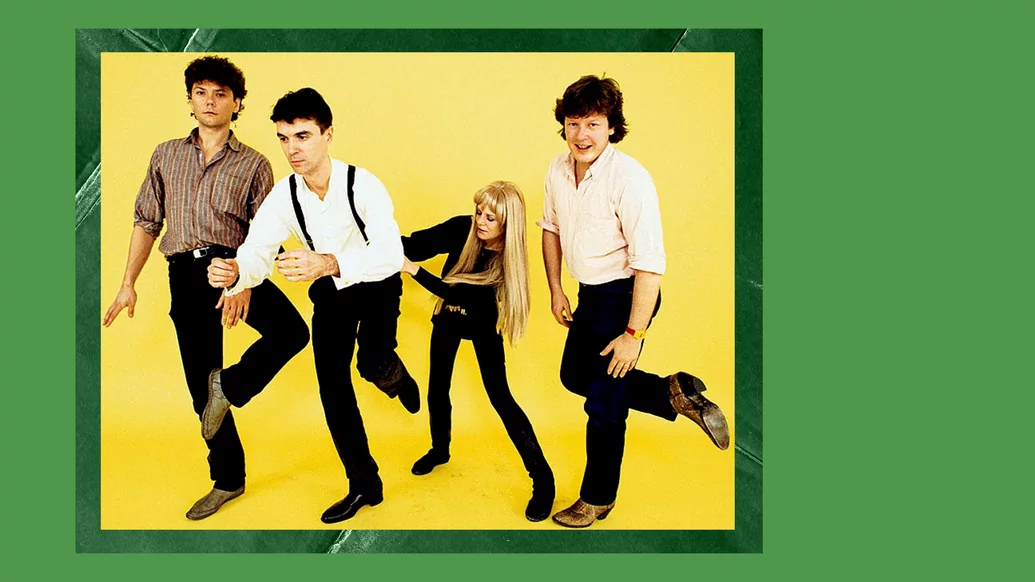 Photo of Talking Heads in a freeze frame pose on a yellow background in a green frame