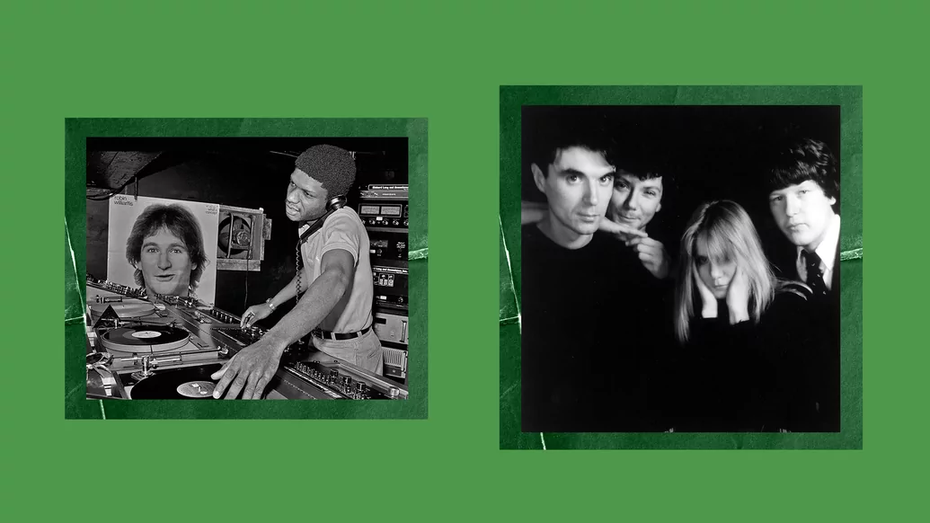 Left: Black and white photo of Larry Levan DJing Right: Black and white photo of Talking Heads. Both images are on a green background