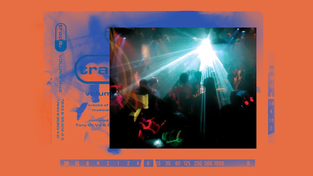 Photo of the trade dancefloor on an orange background with the trade logo appearing from behind it