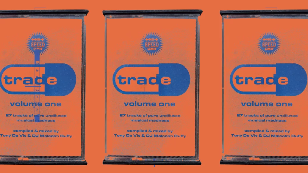 The cassette cover of Trade Volume one coloured orange and blue. It has the club's pill logo on it. The text reads: No Speed Limit. 87 tracks of pure indiluted musical madness
