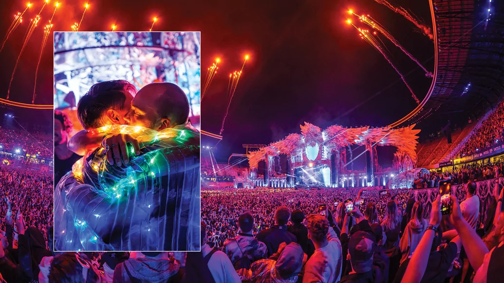 Photo of the mainstage and two fans kissing at UNTOLD festival 2023