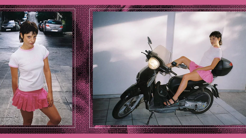Photo of Madam X sitting on a motorbike in Athens on a pink background