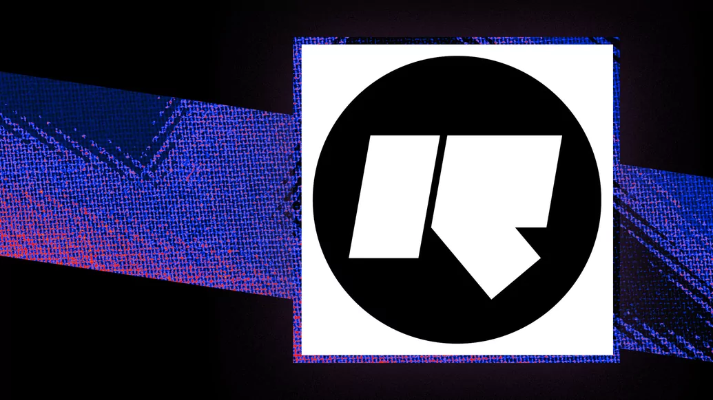 Pink and blue striped graphic with a photo of the Rinse FM logo 