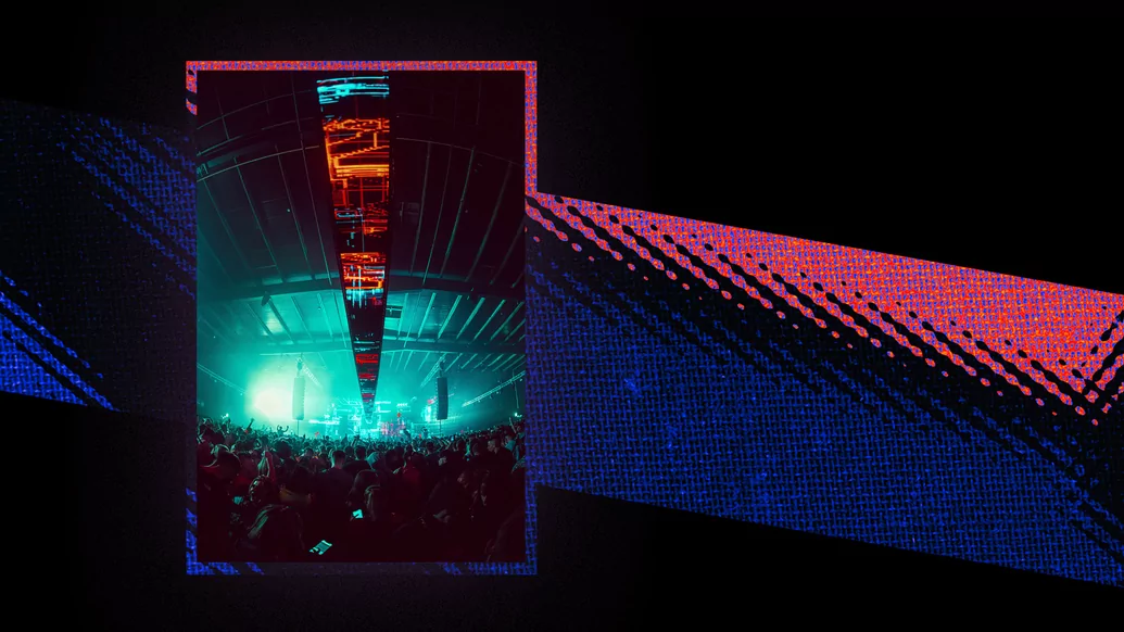 Pink and blue striped graphic with a photo of Terminal V festival