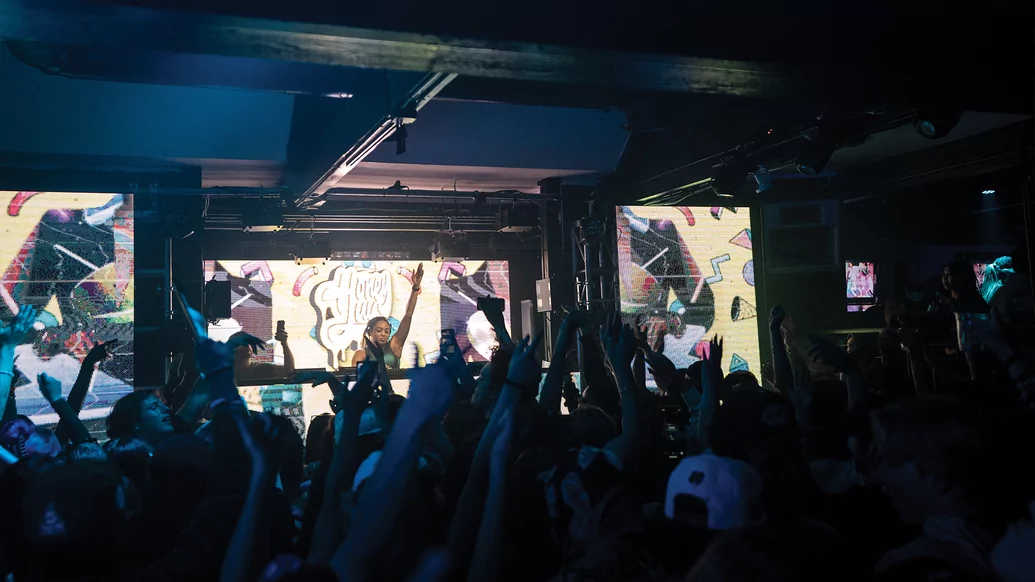 Photo of HoneyLuv DJing in a club