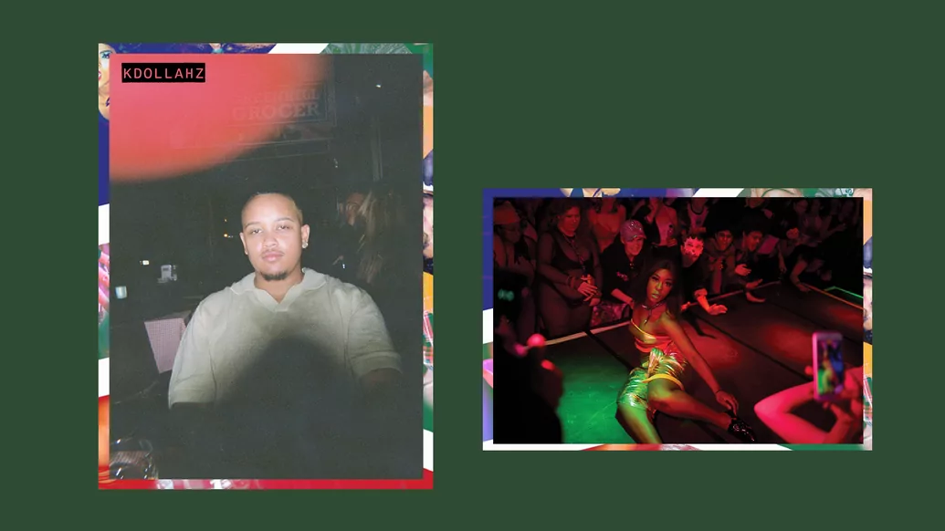 Photo of KDOLLAHZ in the club and a photo of a dancer on a green background