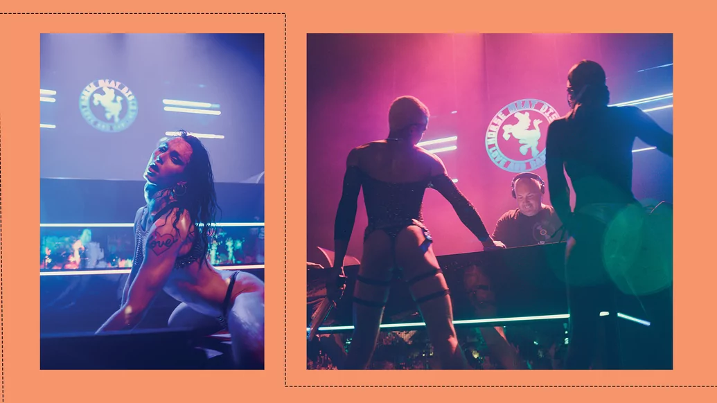 Photo of dancers at a Horse Meat Disco show on an orange background