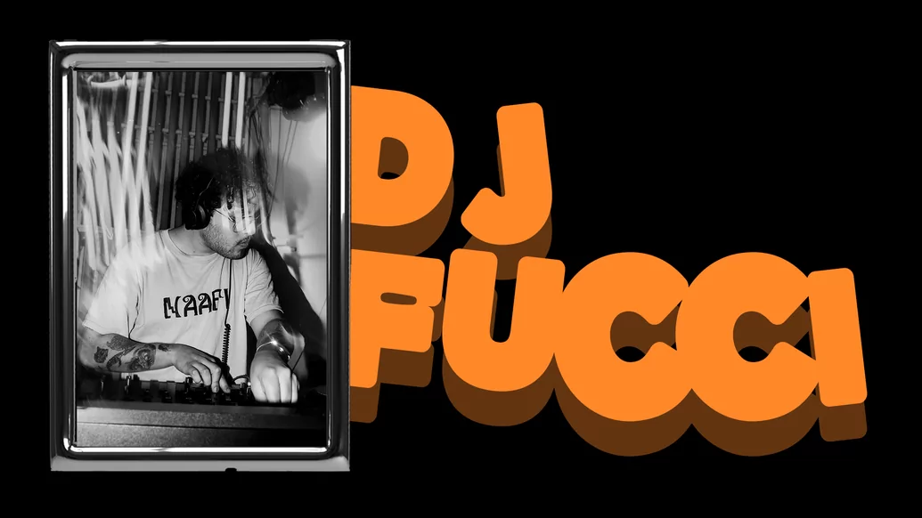 Photo of DJ FUCCI in a chrome frame with his name written in orange