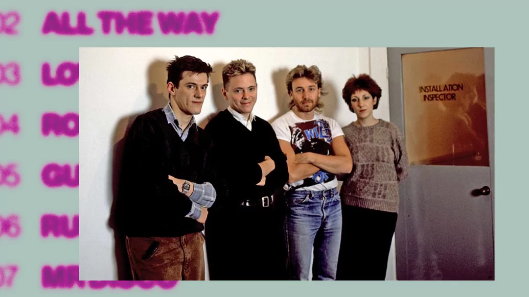 Photo of New Order posing next to a door that says Installation Inspector on a light blue backdrop and purple text with the album tracklist 