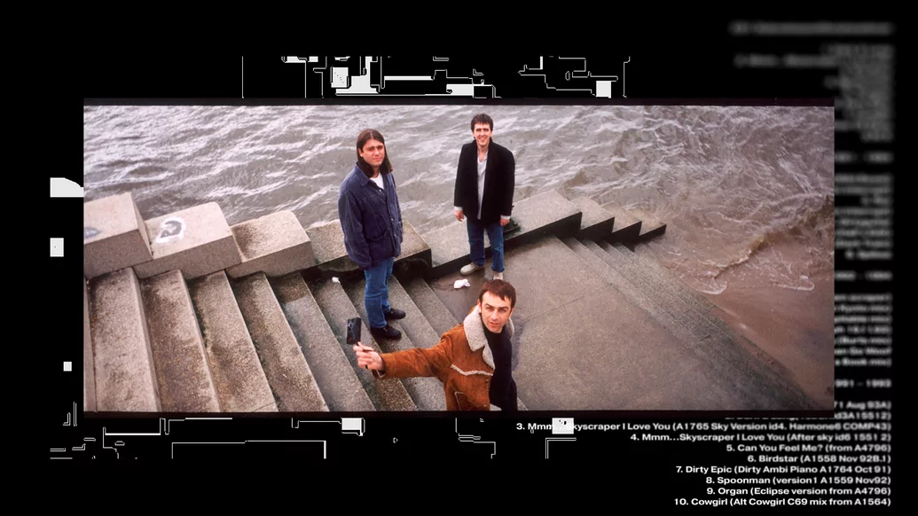 A photo from 1994 of underworld on a pier slipway, on a black background with the tracklist of 'dubnobassiwthmyheadman' on