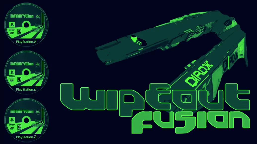 Neon green Wipeout Fusion graphics on a dark blue background